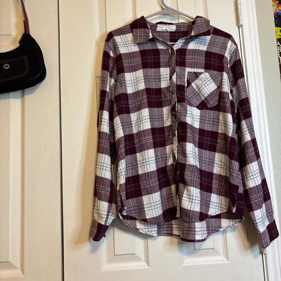 Maurices Womens Large Plaid Flannel Button Down Shirt Burgundy White Long Sleeve - Picture 1 of 5